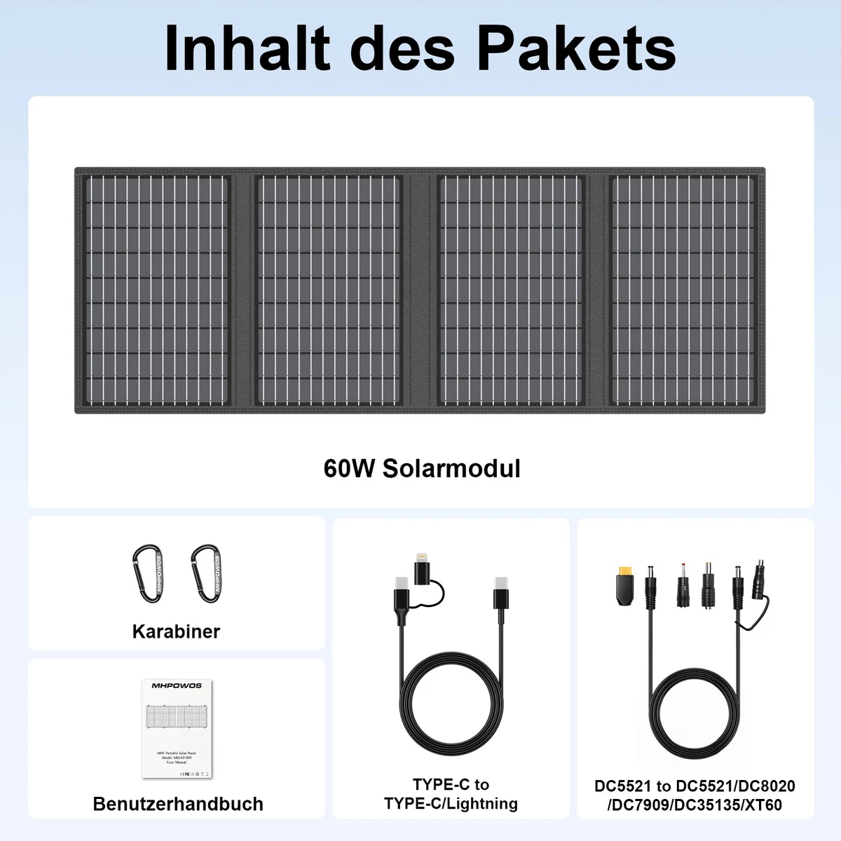 MHPOWOS 60W Tragbares Solarpanel Faltbares Solarmodul mit USB-C USB-A QC3.0 DC