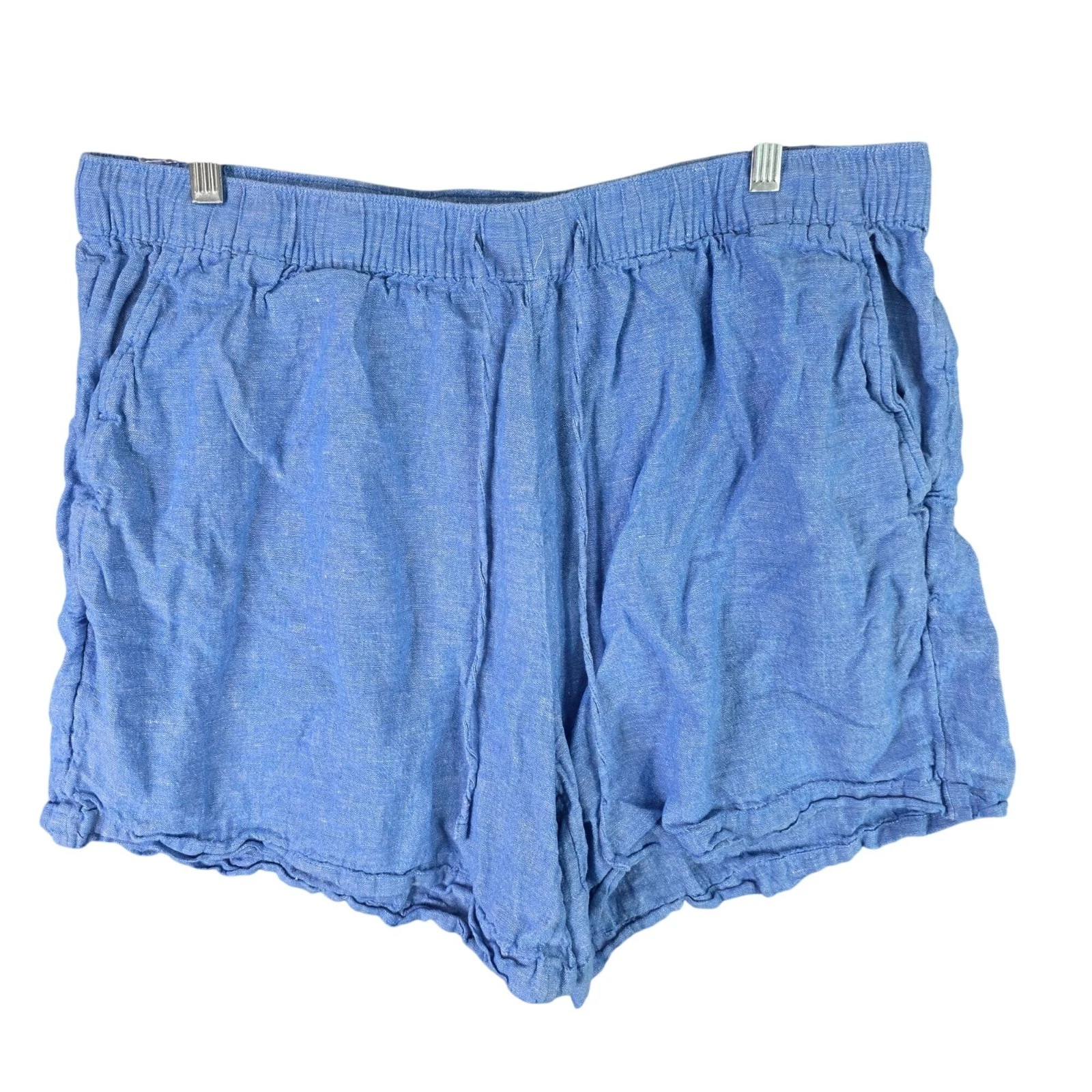 Womens Tahari Blue Linen Elastic Waist Shorts 100% Linen Drawstring 6" Inseam 1X