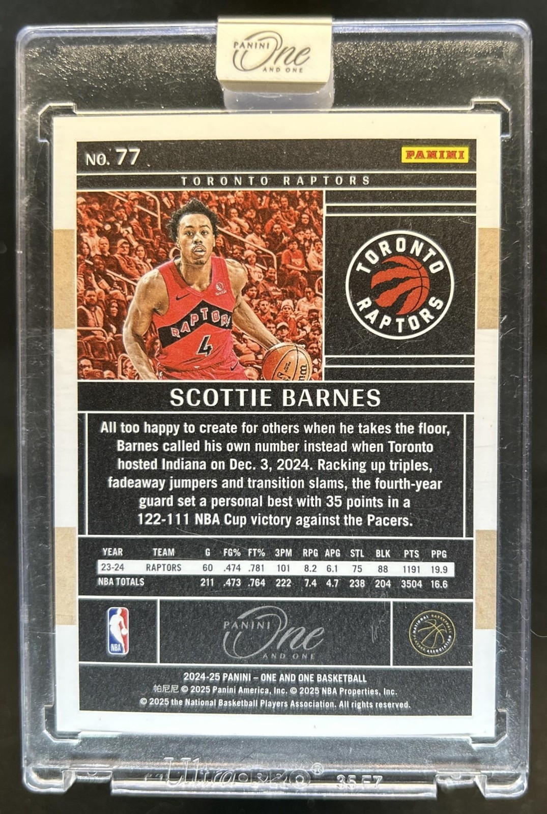 2024-25 Panini One and One Scottie Barnes #/75 Raptors view 2