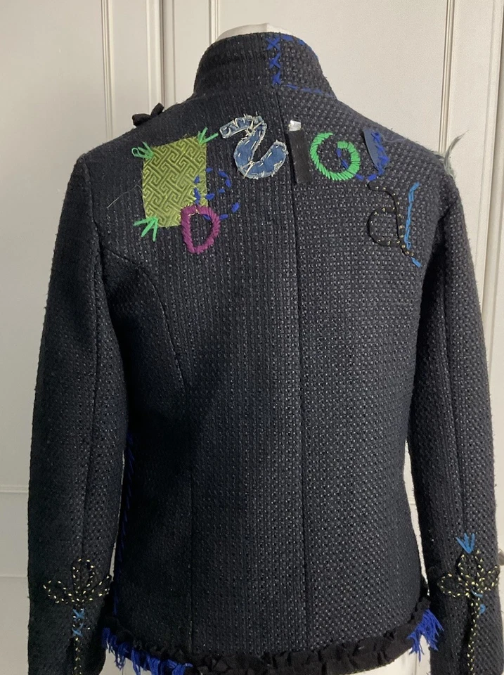 DESIGUAL Boucle Wool Blend Jacket Womens Size EU 42 UK 12 Black Embroidered - Image 3 of 4