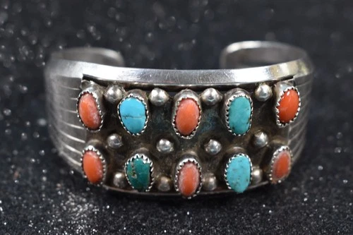Vintage Navajo Signed Darlene C Thomas DCT Turquoise & Coral Cuff Bracelet 45g
