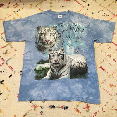 VTG Y2K White Bengal Mountain Tiger T Shirt Lg Blue Tie Dye Jungle Cats Graphic