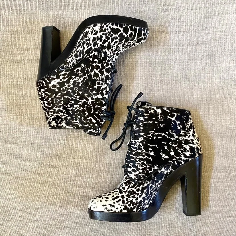 Reed Krakoff Lace Up Calf Hair Pony Style Ankle Boot Black White Size EU 39.5 - Image 3 of 4