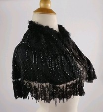 Antique Victorian Jet Beaded Capelet with Lace Trim   Black Cape c.1880