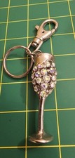 White Rhinestone Silvertone Wine Glass Keychain