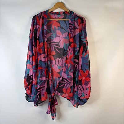 Colleen Lopez Kimono Top Women 2X Tropical Floral Tie Front Balloon Sleeve