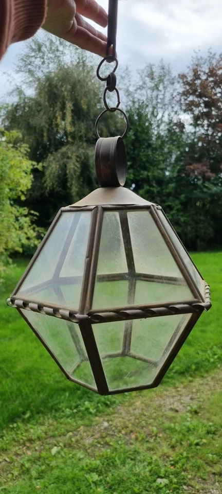 Lustre Hexagonal En Laiton Ancien, sans fil électrique. - Photo 3/4