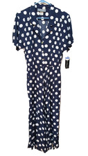 New 14 fit 10 vintage 80s NAVY BLUE white polka dot Midi SHIRT DRESS pockets NWT