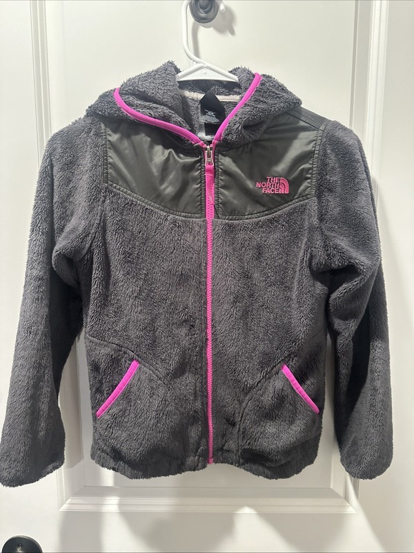 The North Face Jacket Girls Medium 10/12 Gray Hooded Fleece Full Zip Pink Trim
