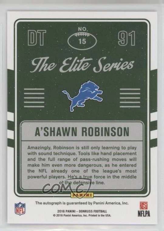 2016 Donruss The Elite Series Rookies Auto /50 A'Shawn Robinson #15 Auto RC - Image 2 of 2