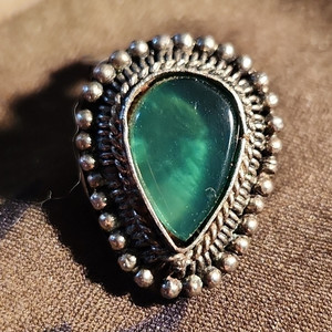 Vintage Metal Button Cover with Green Stone/Glass Inlay, Small, Ornate Design