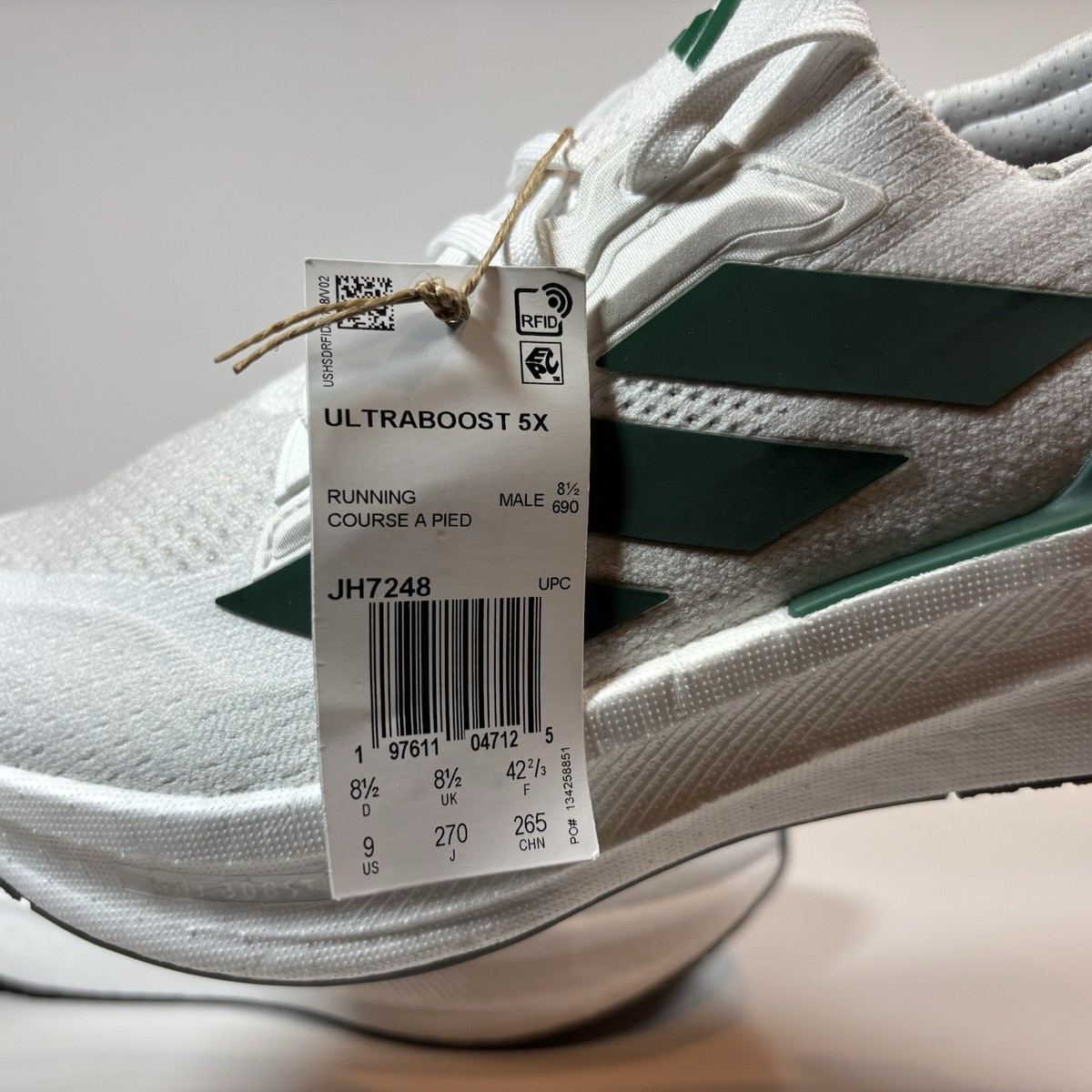Adidas Ultraboost 5X Running Shoes White Collegiate Green 