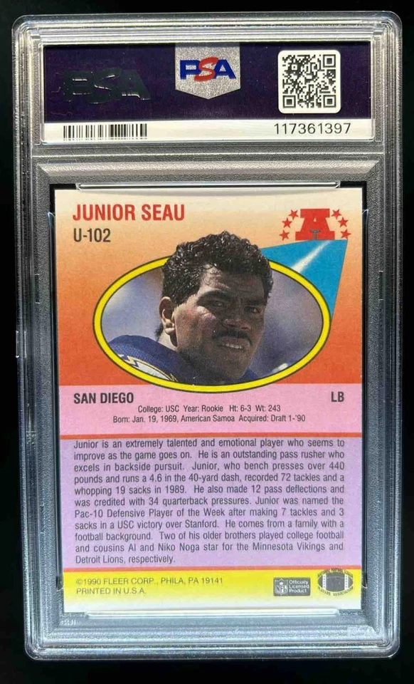 1990 Fleer Update Junior Seau Rookie RC #U-102 Chargers PSA 9 - Image 2 of 2