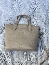 Steve Madden Beige Embossed Logo Top Handle Bag with Chain Accent and Bag Charm