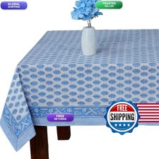 Ridhi Cerulean Blue Hand Block Print Cotton Rectangle Tablecloth 140 X 72