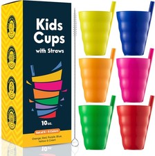 Kids Cups Set of 6 10oz Toddler Cups W/ Straws Kids Stackable BPA-Free Plastic
