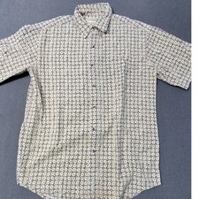 Field Master Mens Short Sleeve Button Down Shirt Beige AOP Fishing Hooks Medium