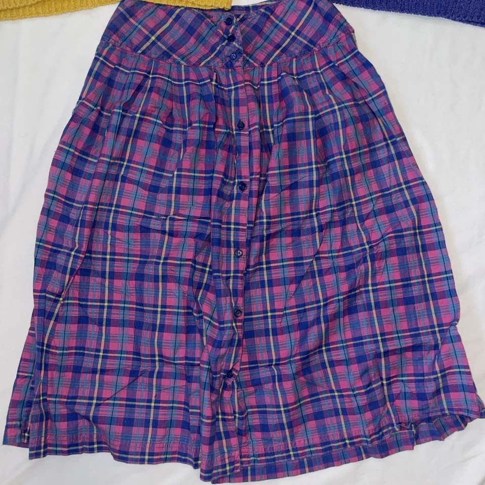 Falda Vintage Años 80 Santa Cruz 9 Cintura Madrás Cuadros Línea A Algodón con 2 Camisas Tejidas Foto 2 de 4