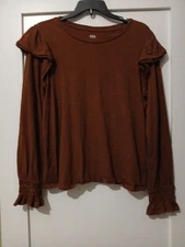 a.n.a a new approach Large Brown Long Sleeved Ruffled 100% Cotton T-Shirt