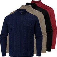 Mens Full Zip Cable Knit Cardigan High Neck Ribbed Jumper Knitted Warm Textured