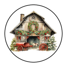 30 CHRISTMAS BARN STICKERS ENVELOPE SEALS LABELS 1.5" ROUND COUNTRY RUSTIC