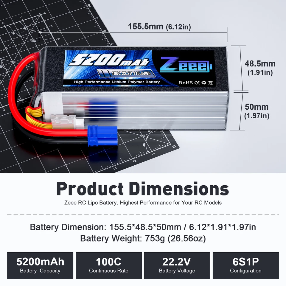 2x Zeee 22.2V 100C 5200mAh 6S LiPo Batería EC5 para RC Coche Camión Barco Helicóptero Foto 3 de 4