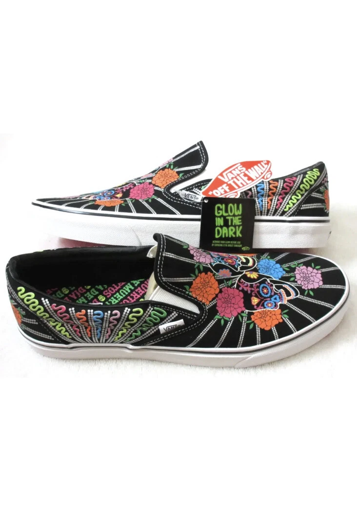 Scarpe slip on classiche da uomo Vans Dia De Los Muertos lucide al buio taglia 10 5