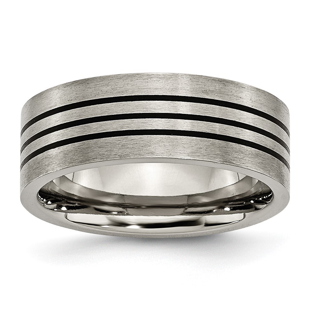 Titanium Satin and Polished Black Enamel Striped 8mm Flat Band Ring Size 10