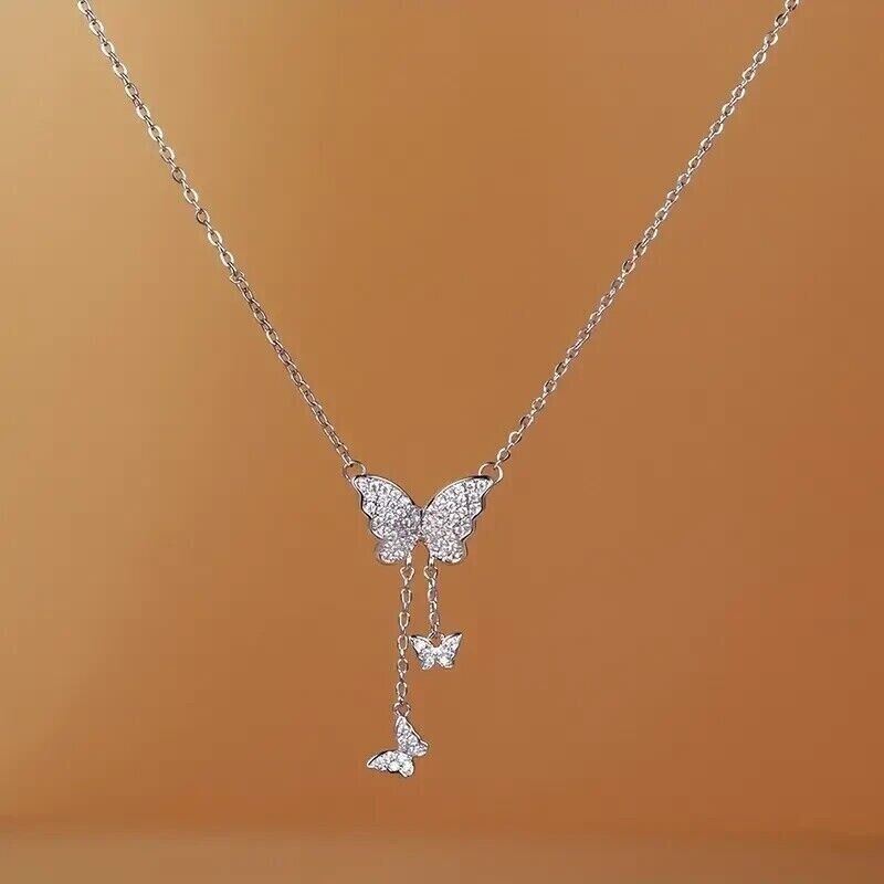 Butterfly Shape Women Pendant 925 Sterling Silver Round Cut Simulated Diamond