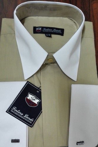 Men's Shirt 65% Polyester 35%Cotton Two Tone Solid Color French Cuff SG 03F2 - Picture 4 of 5