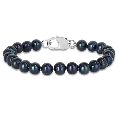 Amour Sterling Silver Men's Black Freshwater Pearl String Bracelet - 9 in