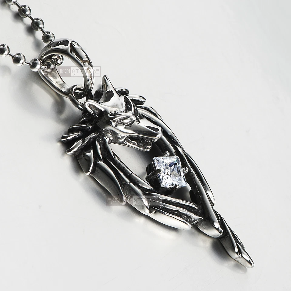 silver WOLF pendant mens womens stainless steel chain necklace crystal 60cm Foto 2 de 3