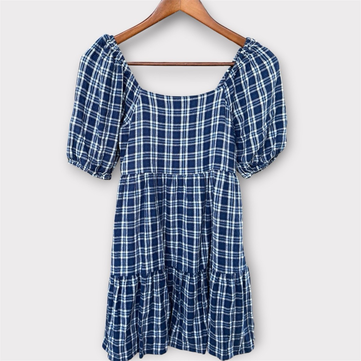American Eagle Tiered Babydoll Mini Dress Small Navy White Plaid Puff  Sleeve | eBay