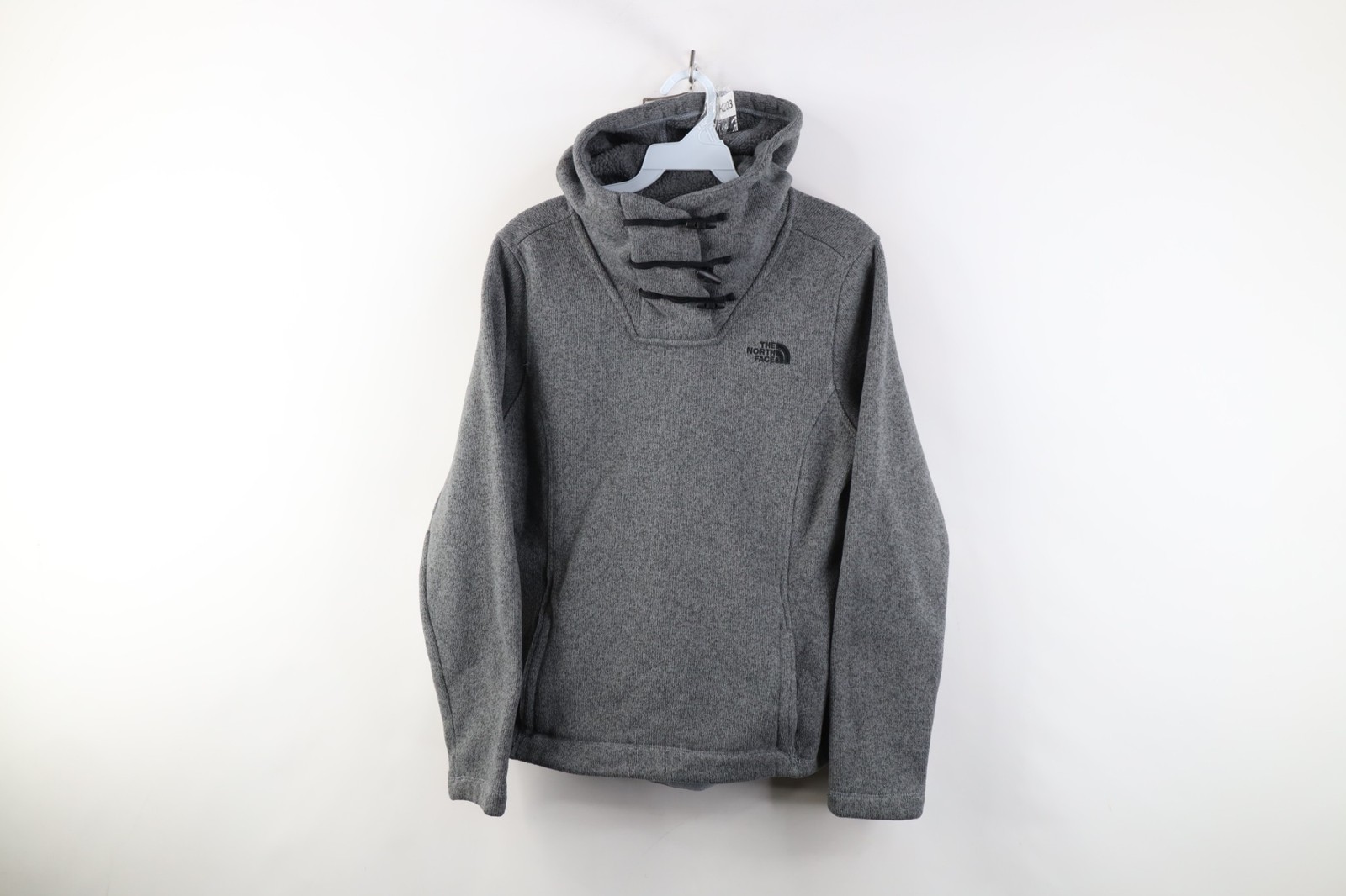 The North Face Womens Medium Spell Out Crescent Pullover Hoodie Sweatshirt Gray
