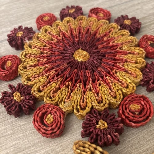 Boho 1970's Vintage Raffia Rattan Colorful Trivets /Hot Pads 4 Count  7"each image 2
