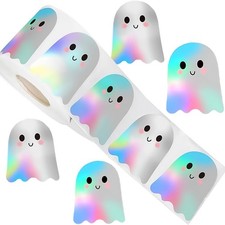 500Pcs Halloween Pholographic Ghost Stickers Rolls 1.5in Laser Ghost Waterproof