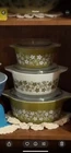 PYREX Vintage Glass Casserole Dish Set Green White Floral Pattern With Lids