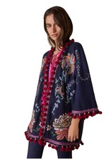 Johnny Was Embroidered Kimono XL Embellished Pom Pom Jacket Navy Cardigan NEW