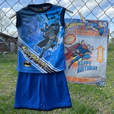 VTG Batman Tank Shorts Set Size 4/5 Superman Birthday Party Backdrop Bundle