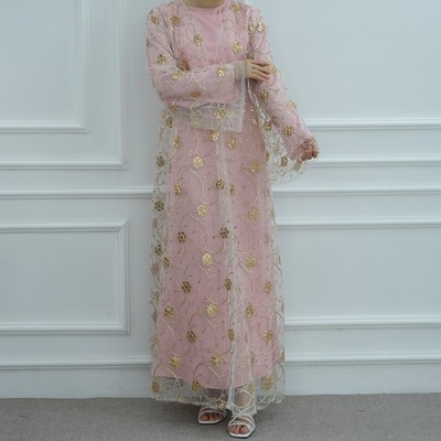 maxi kimono dress abaya pink Stylish Open Front Kimono Abaya with Inner Dress for Women