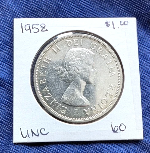 1958 BRILLIANT UNCIRCULATED CANADIAN SILVER DOLLAR COIN-MONEY