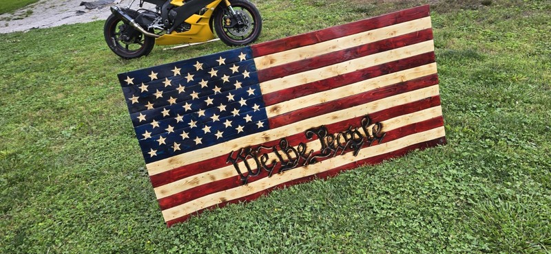 Massive 5-Foot Hand-Carved "We the People" Wooden American Flag Rustic Wall Art