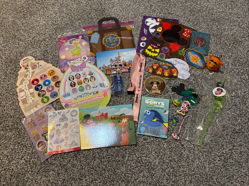 Lot Of 27 Disney & Disney Parks Items- Stickers Lanyards Postcards Straw Keyring