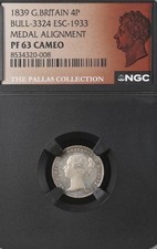 1839 Britannia Proof Groat Victoria 4 Pence Top Pop Cameo medal struck.