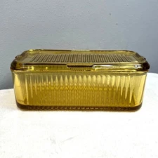 Vintage Federal Glass Refrigerator Dish with Lid Amber Yellow Gold Ribbed FLAWS