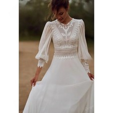 Vintage Lace Puff Long Sleeve Bohemian Wedding Dress Backless Wedding Gown