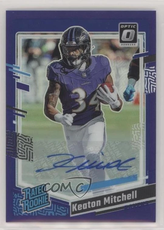 2023 Panini Donruss Optic Rated Purple Prizm /35 Keaton Mitchell Rookie Auto RC