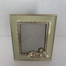 Vintage Baby Picture Frame Metal Sage Green Gold Edges Enamel 3D Booties Shoes