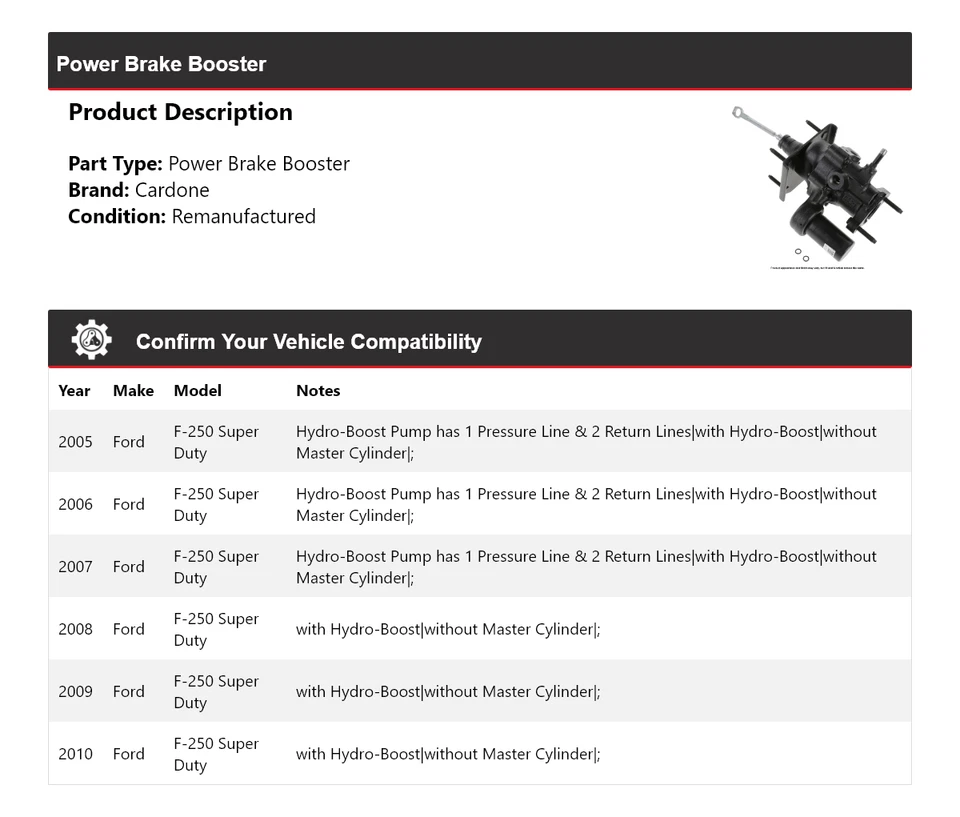 Para Ford F-250 Super Duty 2005-2010 Power Brake Booster Cardone 2006 2007 2008 Foto 2 de 3