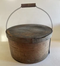 Vtg Wooden Round Pantry Box Bale Handle Banded With Lid Maine Estate Find